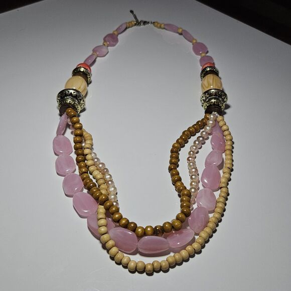 EsMor Beaded Layered Statement Necklace 26 - 28" Pink Cream Brown Pink Pearls - Picture 1 of 14